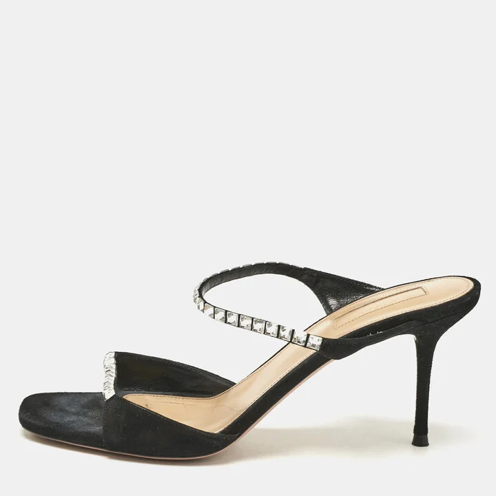 Aquazzura Black Suede Crystal Embellished Slide Sandals Size 37.5