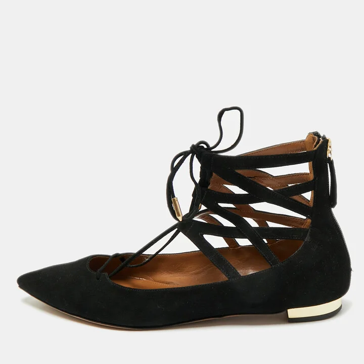 Aquazzura Black Suede Dancer Lace-Up Ballet Flats Size 38