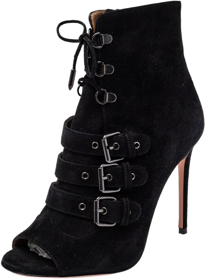 Aquazzura Black Suede Lace Up Ankle Boots Size 37