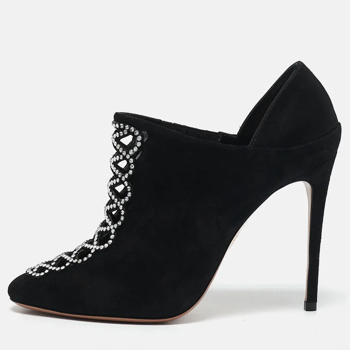 Aquazzura Black Suede Leather and Satin Crystal Embellished Amour Pumps Size 37.5