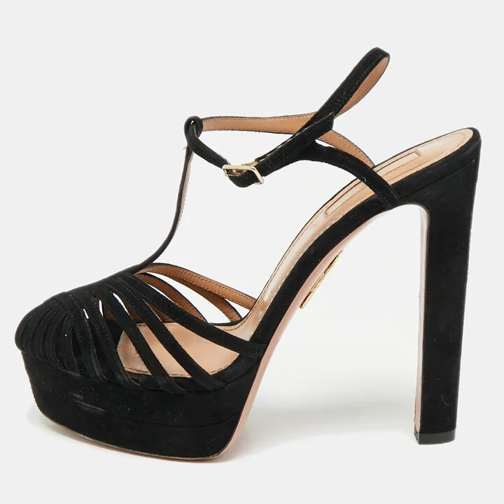 Aquazzura Black Suede Platform Ankle Strap Sandals Size 38.5