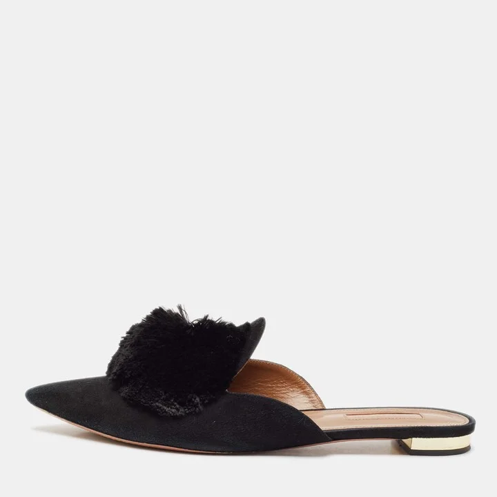 Aquazzura Black Suede Powder Puff Flat Sandals Size 39.5
