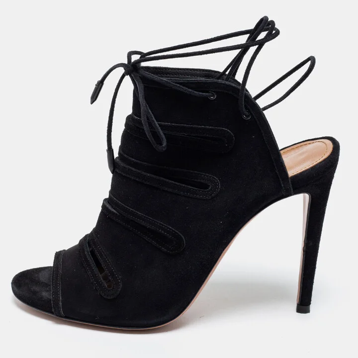 Aquazzura Black Suede Sloane Cut Out Tie Up Sandals Size 38