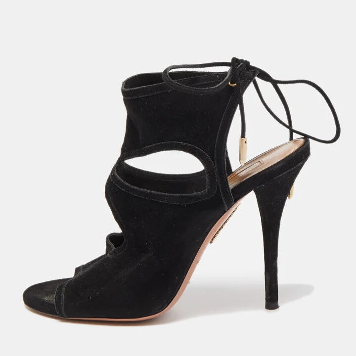 Aquazzura Black Suede Tie Up Strap Sandals Size 37