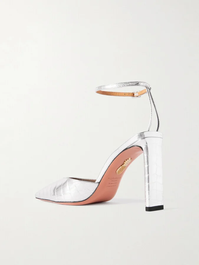 Aquazzura - Blade 95 Pvc-trimmed Croc-effect Metallic Leather Pumps - Silver - Image 3
