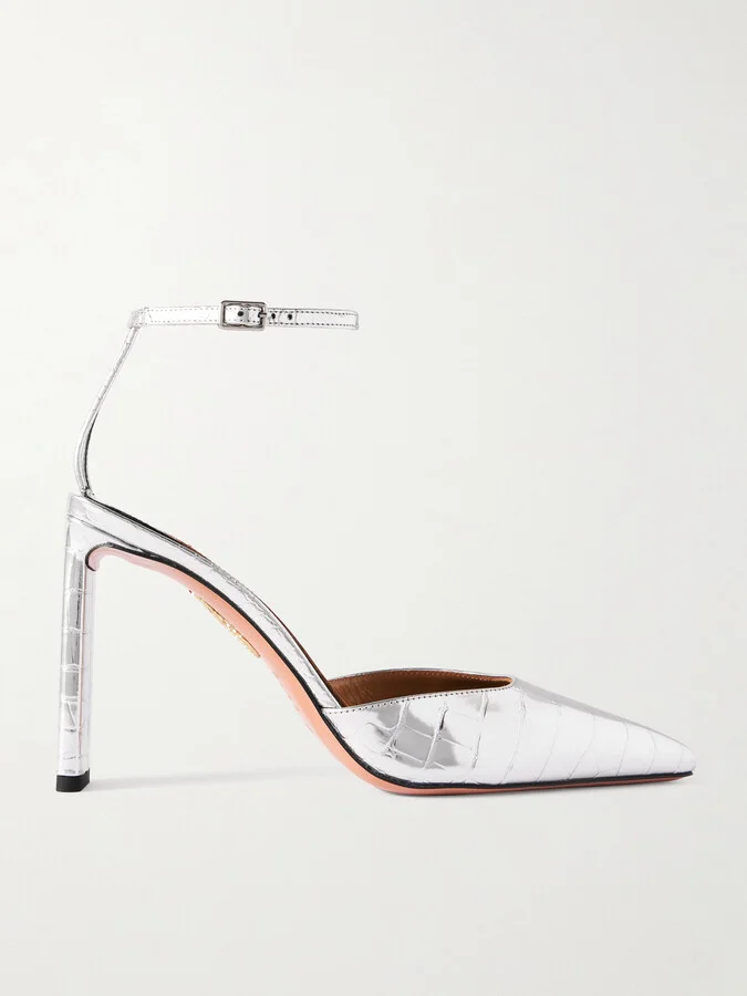 Aquazzura - Blade 95 Pvc-trimmed Croc-effect Metallic Leather Pumps - Silver