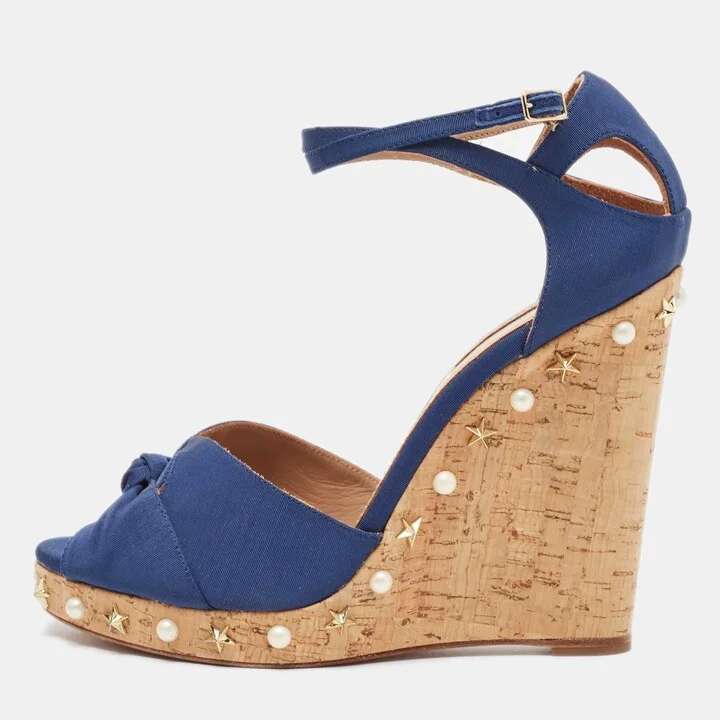 Aquazzura Blue Grosgrain Embellished Harlow Wedge Sandals Size 41