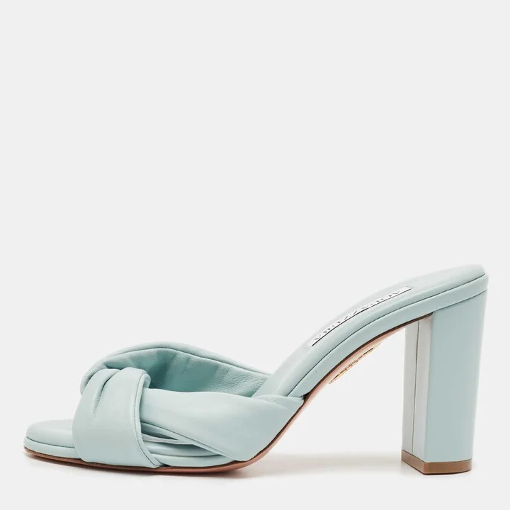 Aquazzura Blue Knotted Leather Olie Slide Sandals Size 36.5