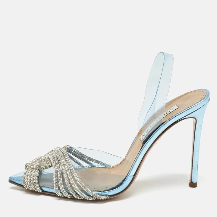 Aquazzura Blue PVC Crystal Embellished Gatsby Slingback Pumps Size 37