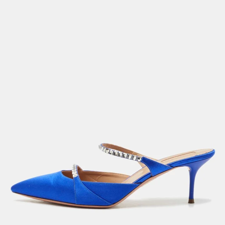 Aquazzura Blue Satin Crystal Embellished Mule Sandals Size 39.5