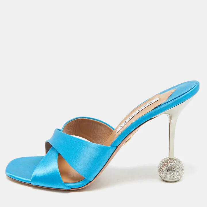 Aquazzura Blue Satin Darling Slide Sandals Size 41