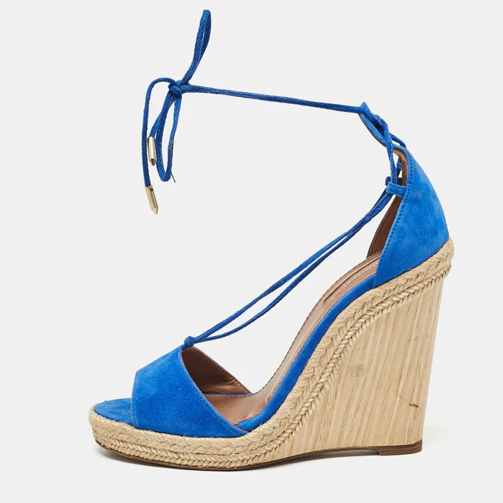 Aquazzura Blue Suede Ankle Tie Wedge Sandals Size 38