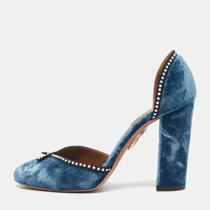 Aquazzura Blue Velvet Embellishment Block Heel D'orsay Pumps Size 37