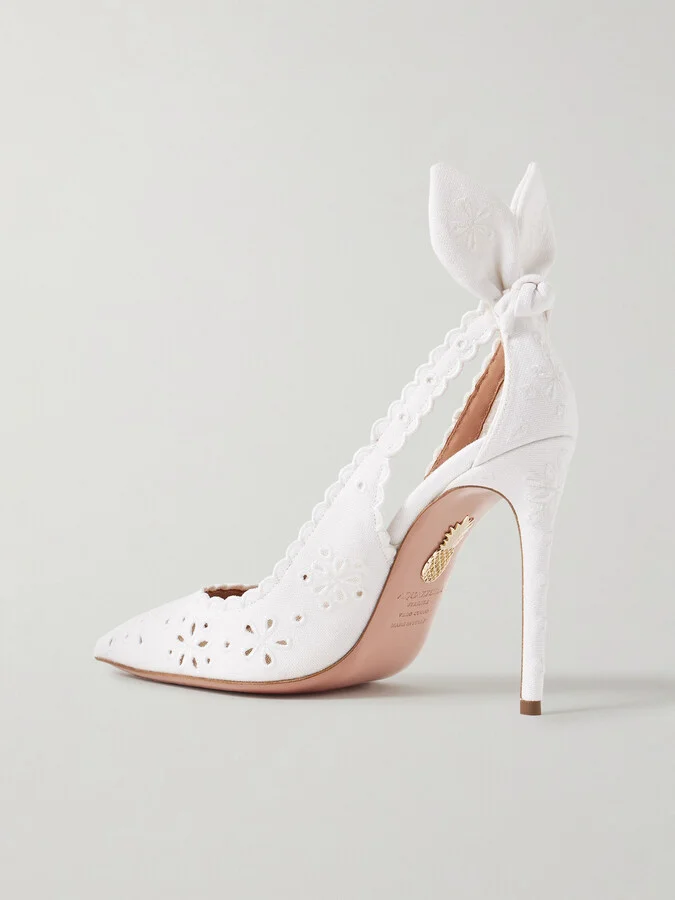 Aquazzura - Bow Tie 105 Broderie Anglaise Canvas Pumps - White - Image 3