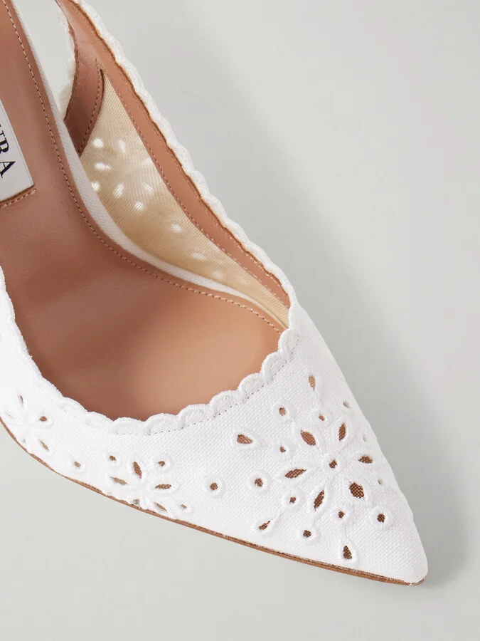 Aquazzura - Bow Tie 105 Broderie Anglaise Canvas Pumps - White - Image 4