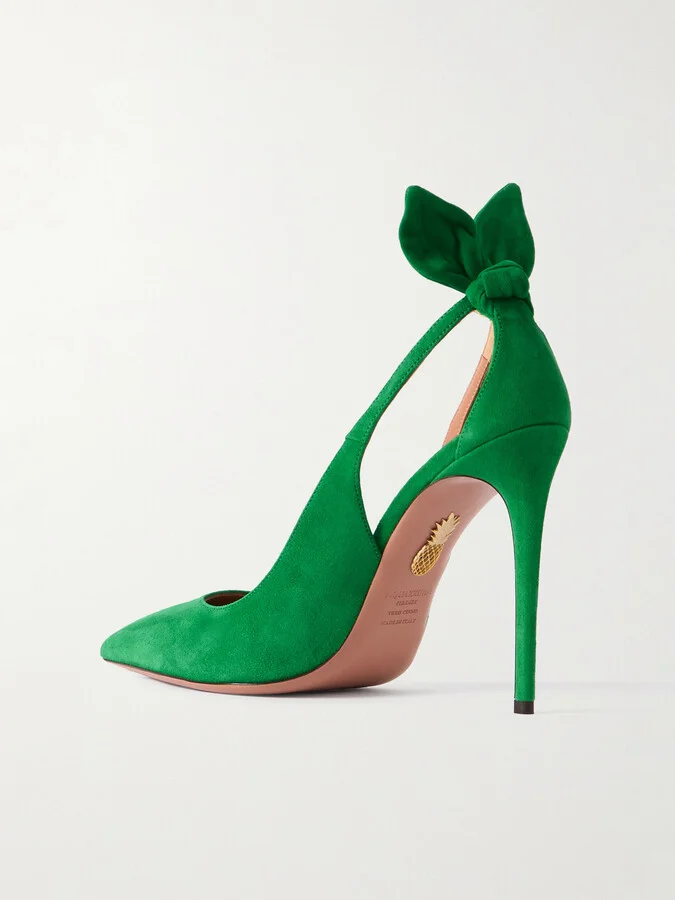 Aquazzura - Bow Tie 105 Suede Pumps - Green - Image 3