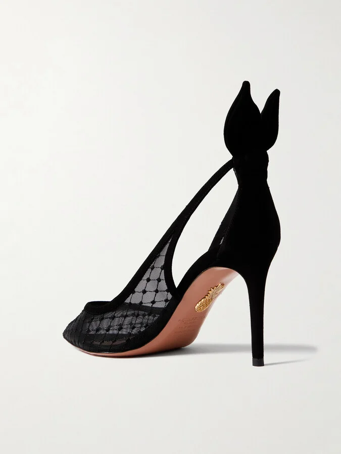 Aquazzura - Bow Tie 85 Embroidered Mesh And Suede Pumps - Black - Image 3