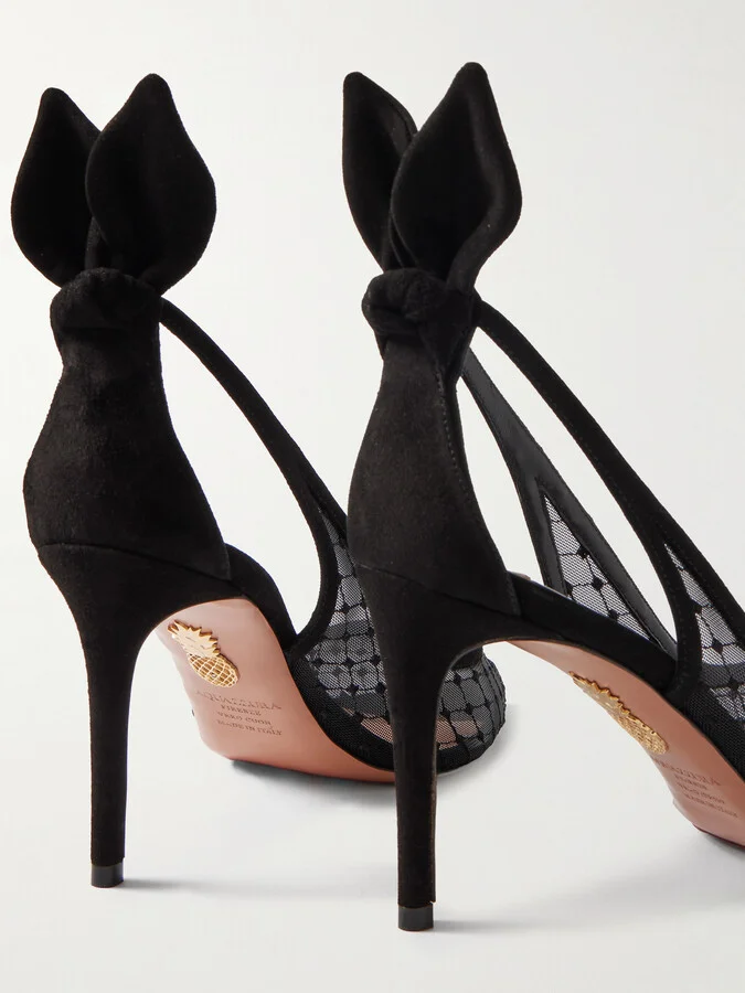 Aquazzura - Bow Tie 85 Embroidered Mesh And Suede Pumps - Black - Image 4