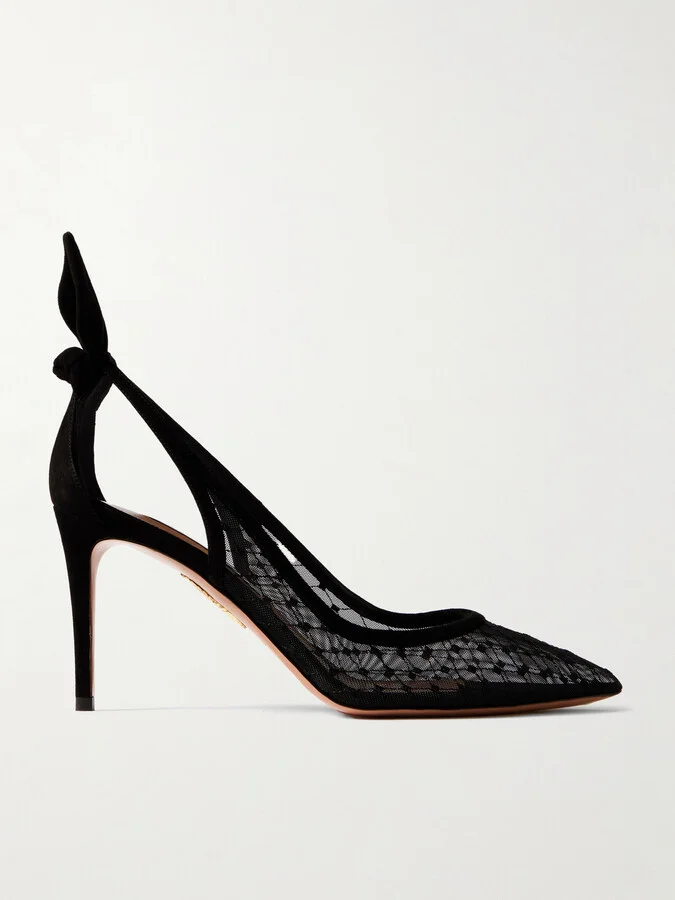 Aquazzura - Bow Tie 85 Embroidered Mesh And Suede Pumps - Black