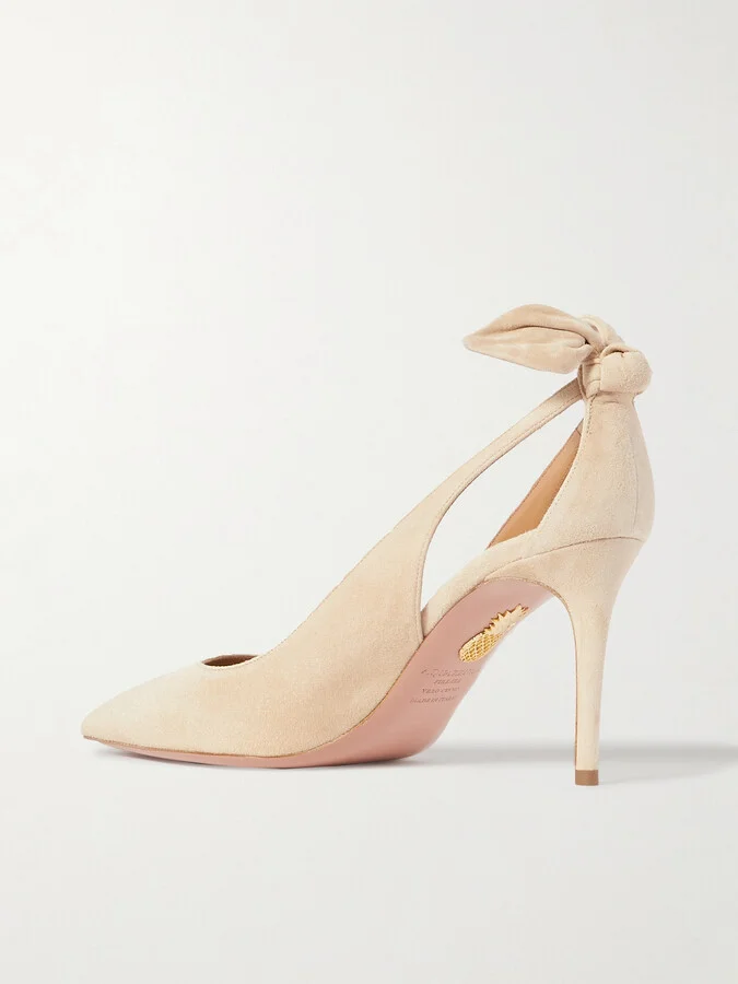 Aquazzura - Bow Tie 85 Suede Pumps - Neutrals - Image 3