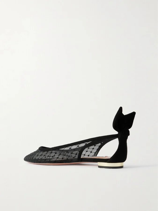 Aquazzura - Bow Tie Suede-trimmed Fishnet Pointed-toe Ballet Flats - Black - Image 3