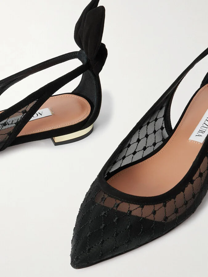 Aquazzura - Bow Tie Suede-trimmed Fishnet Pointed-toe Ballet Flats - Black - Image 4