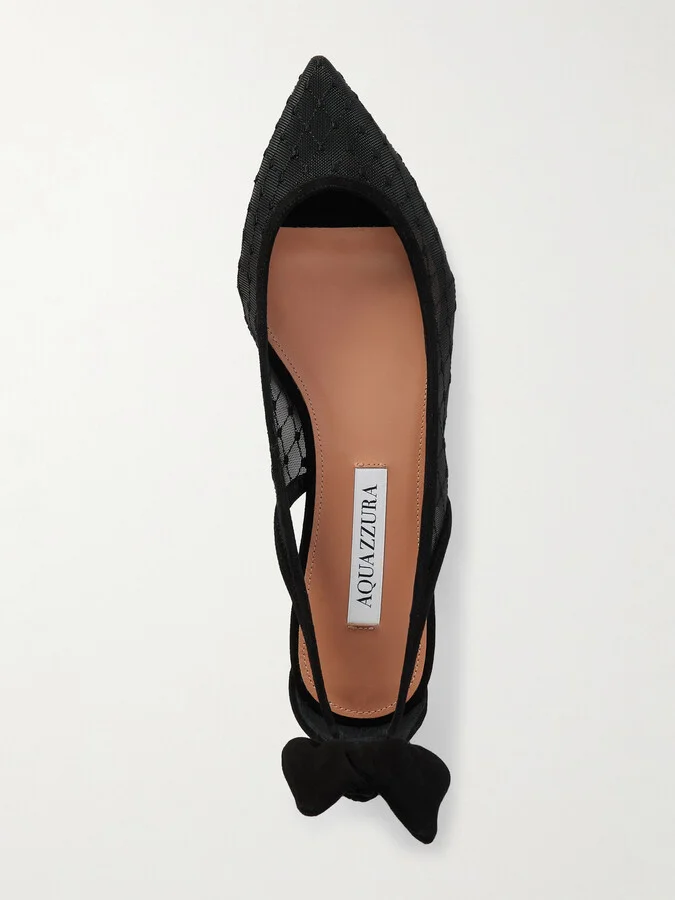 Aquazzura - Bow Tie Suede-trimmed Fishnet Pointed-toe Ballet Flats - Black - Image 5