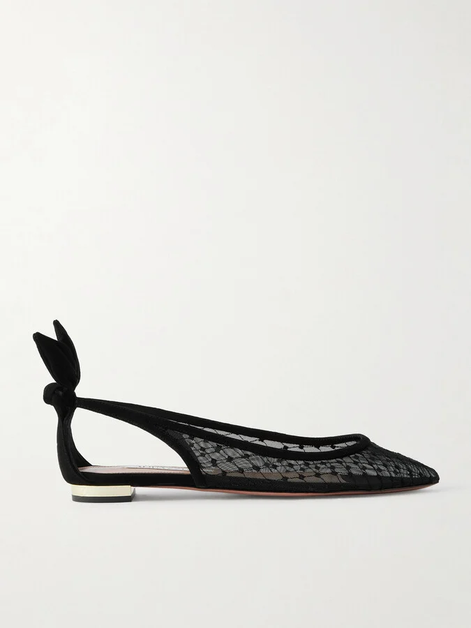 Aquazzura - Bow Tie Suede-trimmed Fishnet Pointed-toe Ballet Flats - Black