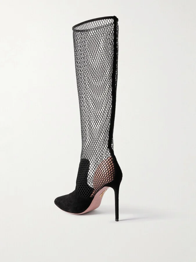 Aquazzura - Brera 105 Suede-trimmed Fishnet Knee Boots - Black - Image 3