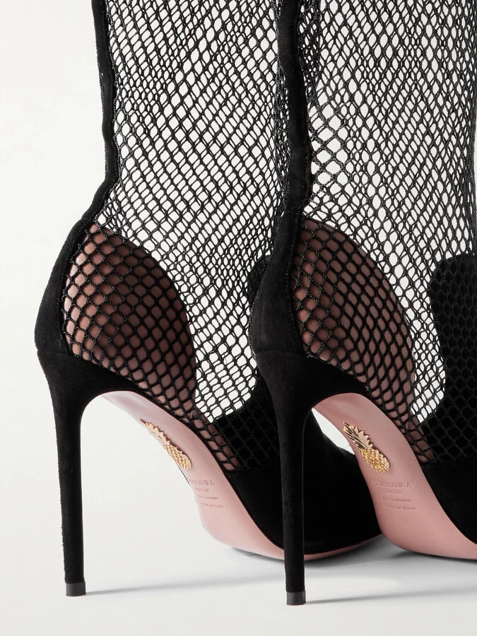 Aquazzura - Brera 105 Suede-trimmed Fishnet Knee Boots - Black - Image 4