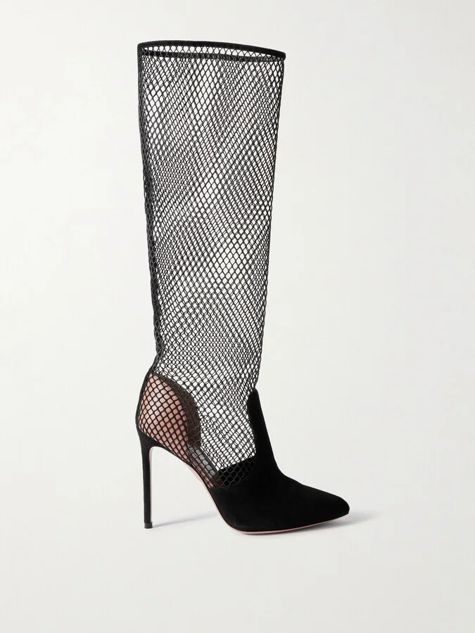 Aquazzura - Brera 105 Suede-trimmed Fishnet Knee Boots - Black