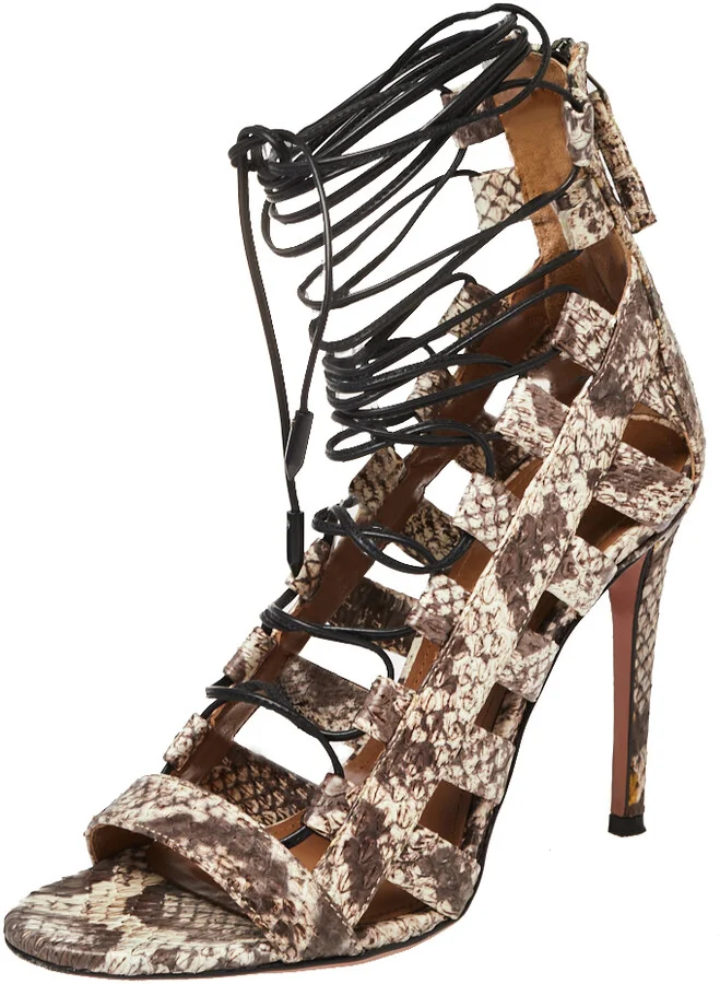 Aquazzura Brown/Beige Python Amazon Lace Up Open Toe Sandals Size 36