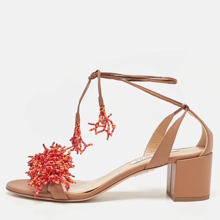 Aquazzura Brown Leather Panarea Beaded Ankle Tie Sandals Size 39.5