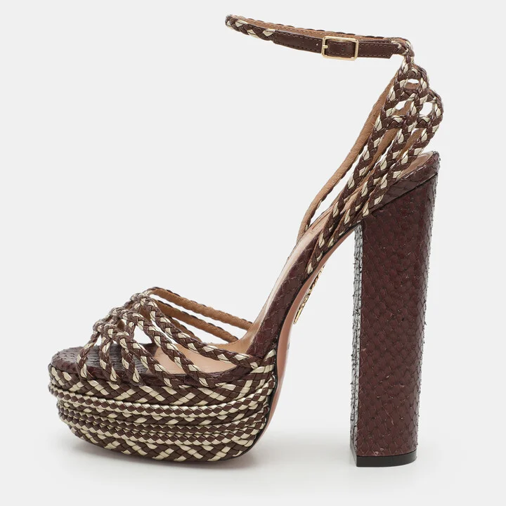 Aquazzura Brown/Light Gold Braided Leather Cozumel Platform Sandals Size 36.5