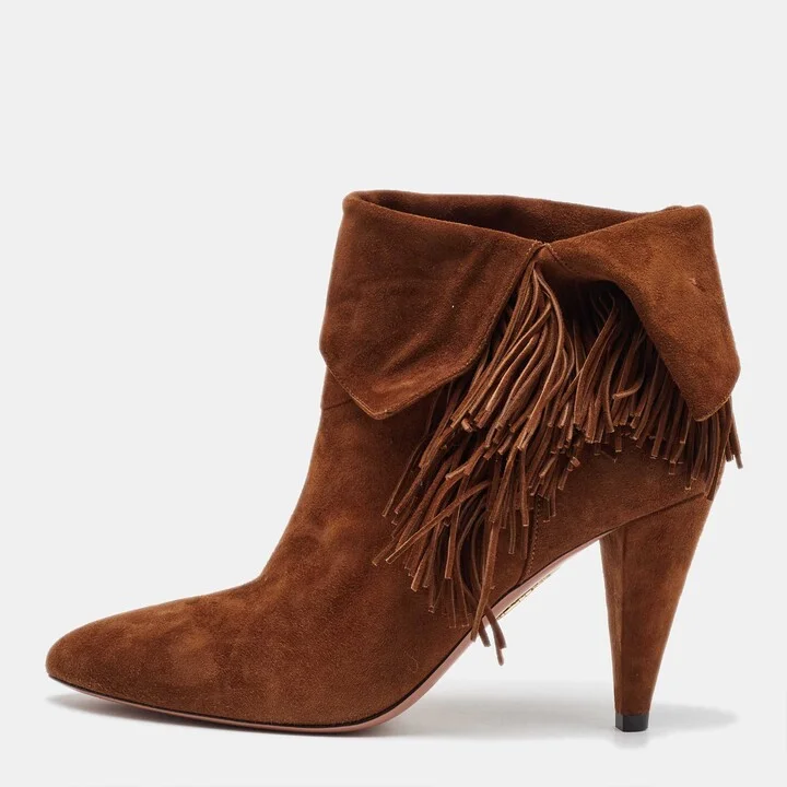 Aquazzura Brown Suede Fringe Detail Ankle Length Boots Size 38.5