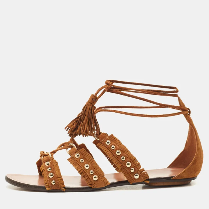 Aquazzura Brown Suede Studded Tulum Flat Sandals Size 37