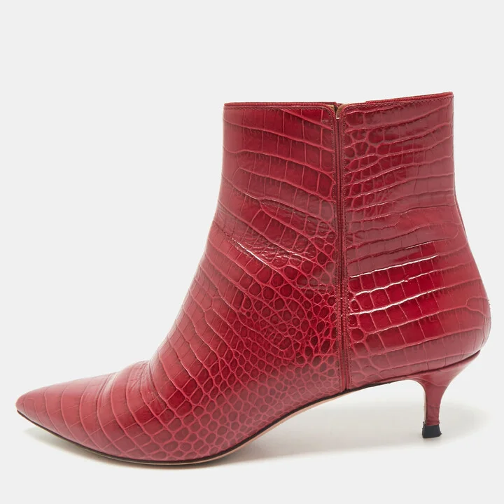 Aquazzura Burgundy Croc Embossed Leather Quant Ankle Length Boots Size 41