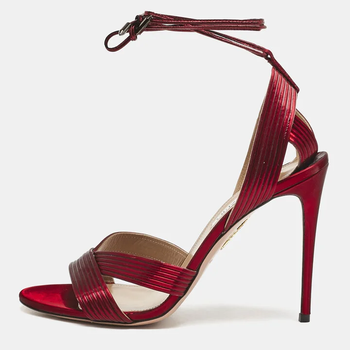 Aquazzura Burgundy Leather Ari Ankle Wrap Sandals Size 41