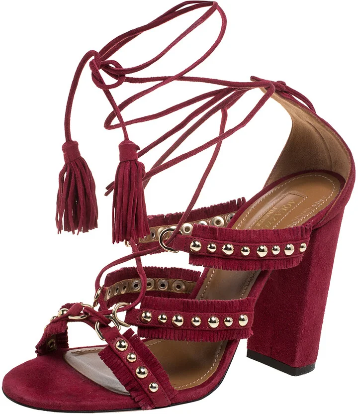 Aquazzura Burgundy Suede Leather Tulum Fringe Detail Studded Ankle Wrap Sandals Size 38