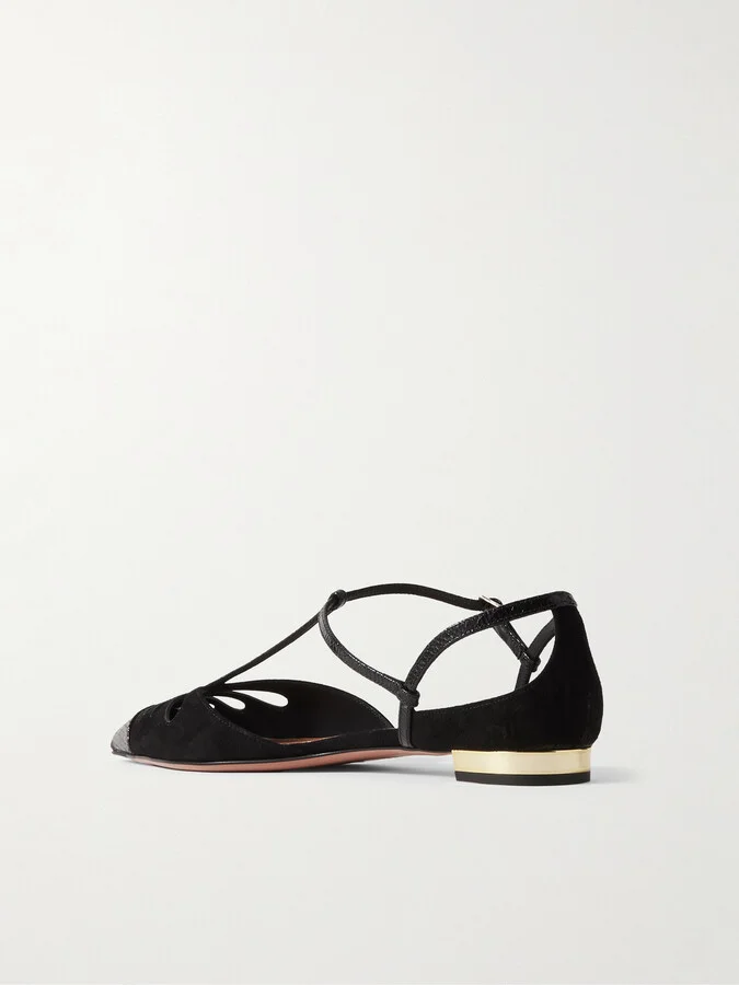 Aquazzura - Camille Patent Snake-effect Leather-trimmed Cutout Suede Point-toe Flats - Black - Image 3