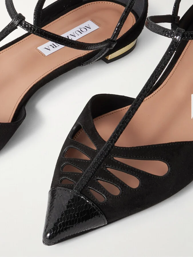 Aquazzura - Camille Patent Snake-effect Leather-trimmed Cutout Suede Point-toe Flats - Black - Image 4
