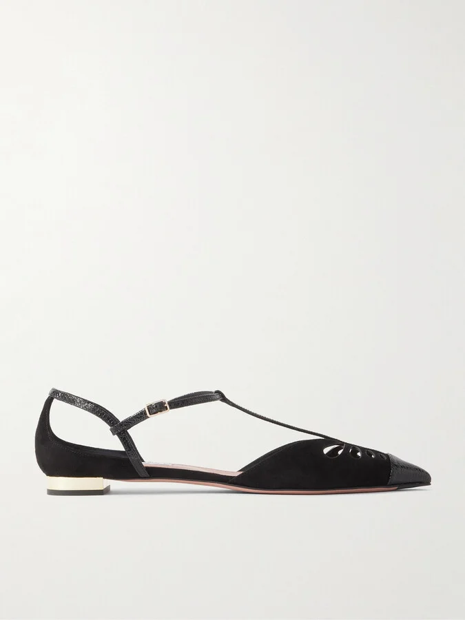 Aquazzura - Camille Patent Snake-effect Leather-trimmed Cutout Suede Point-toe Flats - Black