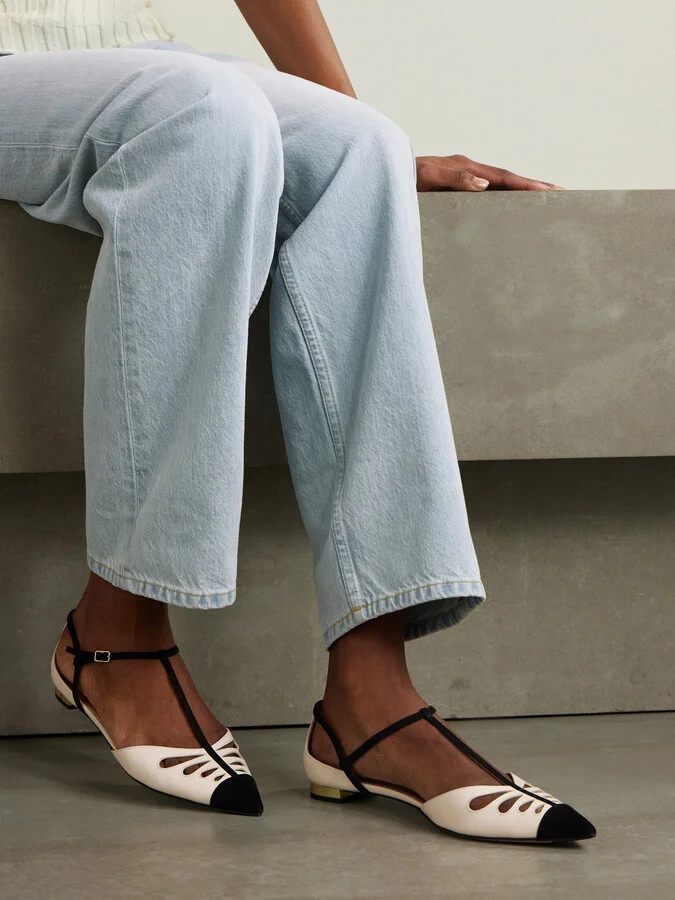 Aquazzura - Camille Suede-trimmed Cutout Leather Point-toe Flats - Cream - Image 2