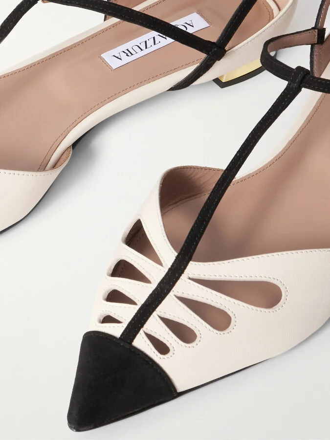 Aquazzura - Camille Suede-trimmed Cutout Leather Point-toe Flats - Cream - Image 4