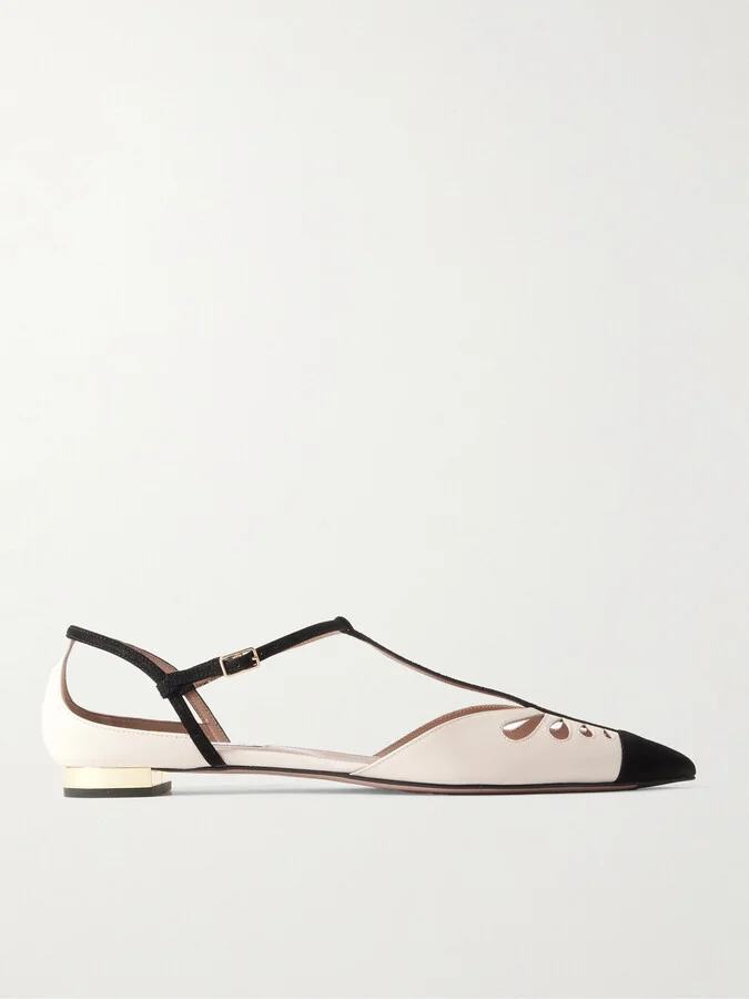 Aquazzura - Camille Suede-trimmed Cutout Leather Point-toe Flats - Cream