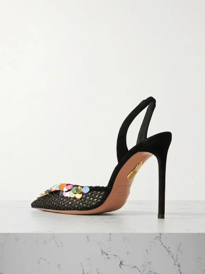 Aquazzura - Can Can 105 Sequined Mesh And Suede Slingback Pumps - Black - Image 3