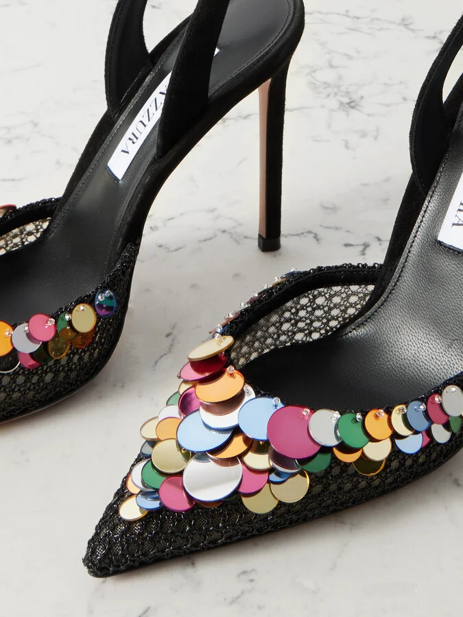 Aquazzura - Can Can 105 Sequined Mesh And Suede Slingback Pumps - Black - Image 4