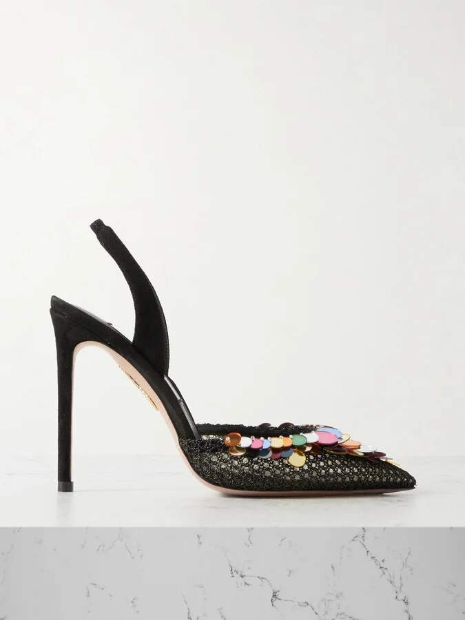 Aquazzura - Can Can 105 Sequined Mesh And Suede Slingback Pumps - Black
