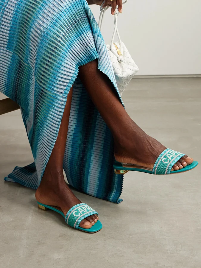 Aquazzura - Capri Beaded Leather Slides - Blue - Image 2