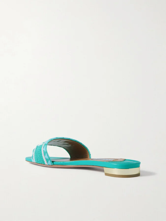 Aquazzura - Capri Beaded Leather Slides - Blue - Image 3